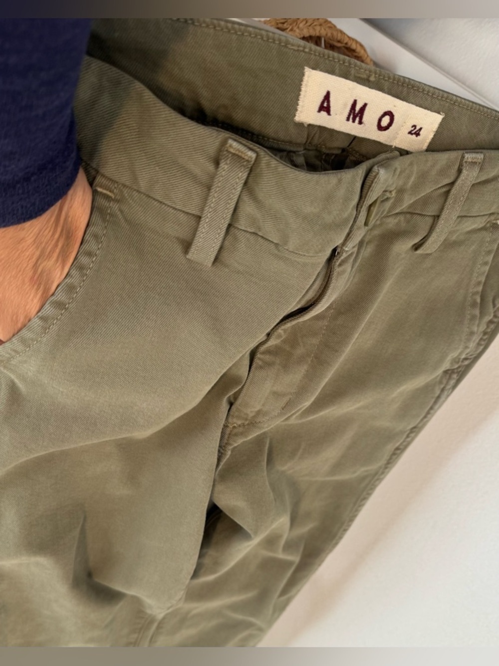 AMO Easy Trouser Cropped Pant Straight Leg Relaxed Army Green Boho Size 24 - Picture 4 of 10